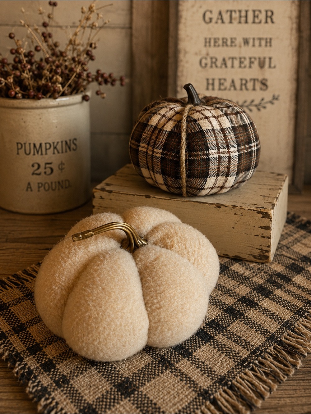 Neutral Autumn Fabric Pumpkins - Set of 2